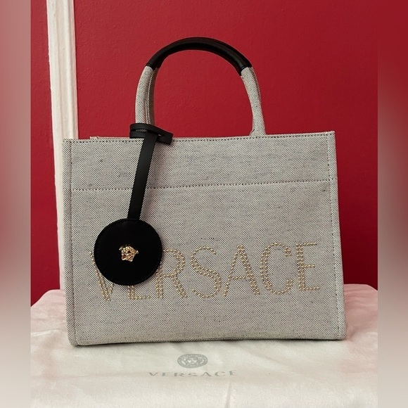 Versace Beige Canvas Tote Bag with Studded Logo Medusa Charm Unisex Shoulder Bag - Picture 7 of 16